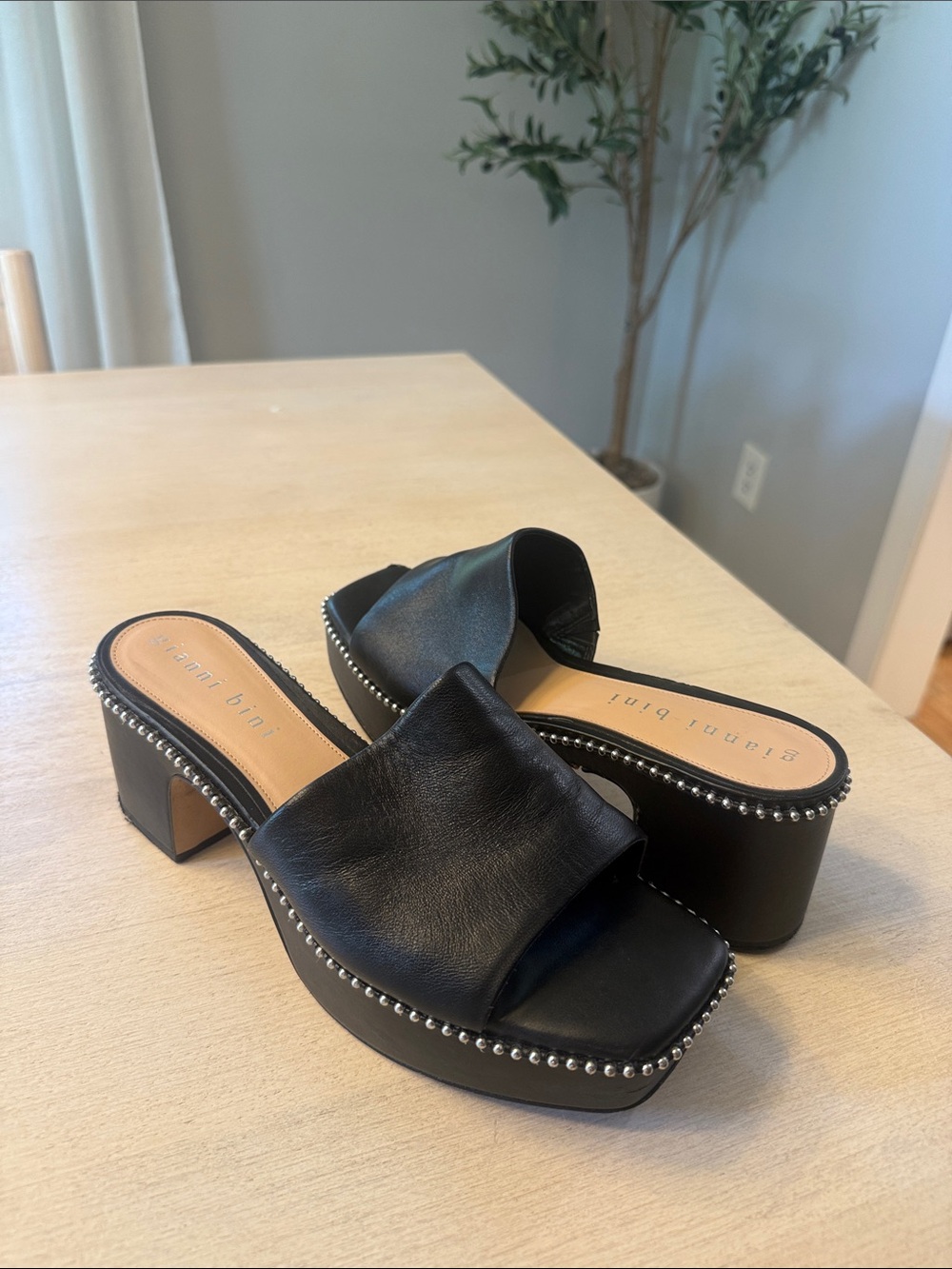 Gianni Bini Black Leather Studded Platform Mule Sandals